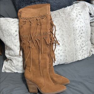 Dingo Tan Suede Fringe Heeled Boots